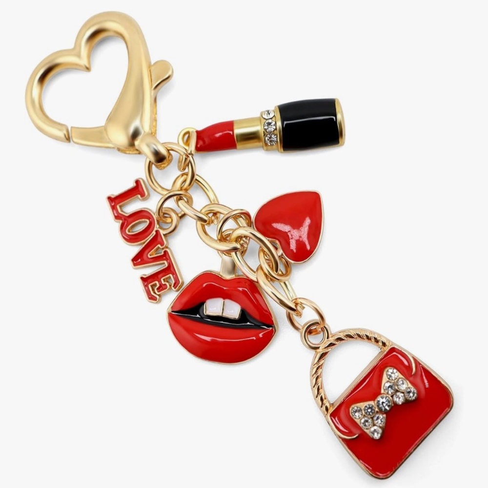 Red and Gold Keychain with Lipstick Charm